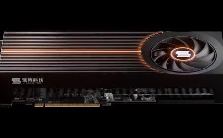 The Lisuan LX 7G100 graphics card sits beside benchmark charts comparing performance with Nvidia and Intel competitors.