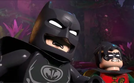 Lego Batman navigating a Gotham City environment in the open world sandbox game Legacy of the Dark Knight.