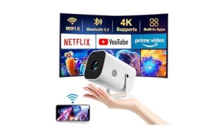 A home theater projector displays a clear image on a large screen within a controlled lighting environment.