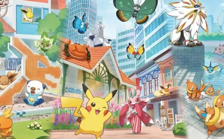 A Solgaleo mascot stands outside the newly redesigned Pokemon Center Singapore at Jewel Changi Airport