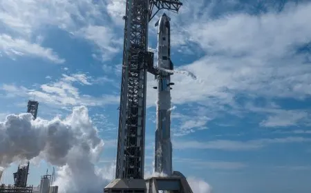 The Starship V3 rocket stands on the launch pad before its debut flight to test Raptor 3 engines and heat shield performance