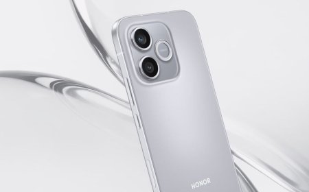The Honor 600e smartphone is shown from the front with its screen and camera module visible.