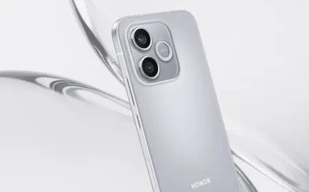 The Honor 600e smartphone is shown from the front with its screen and camera module visible.