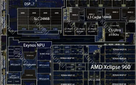 This annotated die shot displays the Samsung Exynos 2600 chip architecture with a three-tier CPU and AMD RDNA 4 graphics c...