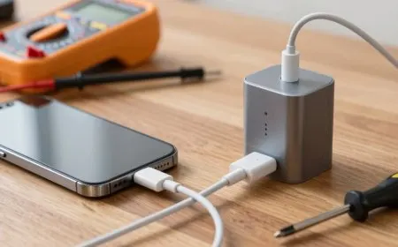A worn charging cable and power adapter rest beside a smartphone charging port during inspection.