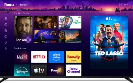 Roku home screen interface displays integrated advertising banners and sponsored content tiles within the layout.