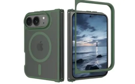 Transparent case reveals book-style fold, dual camera layout, and MagSafe alignment for Apple's foldable iPhone.