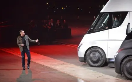A Tesla heavy-duty electric truck undergoes final assembly at the Nevada manufacturing facility.