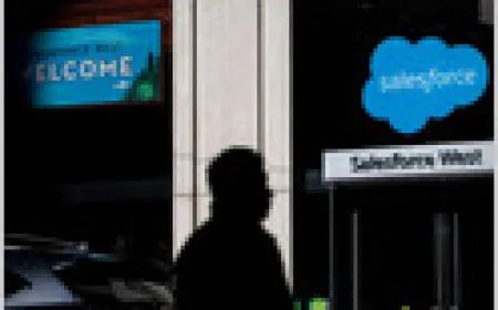 Promotional video frame showing Salesforce Agentforce interface and automated prescription refill features