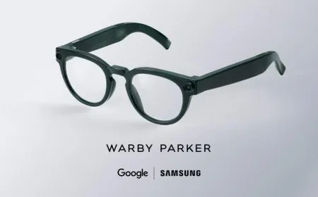 Android XR smart glasses prototype displaying the frame design and optical lens configuration.