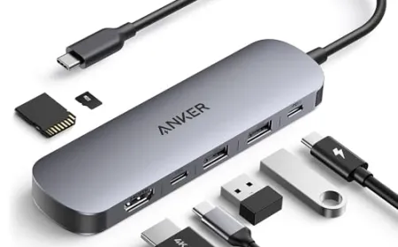 A multiport USB-C hub displays data, video, and power connectivity options.
