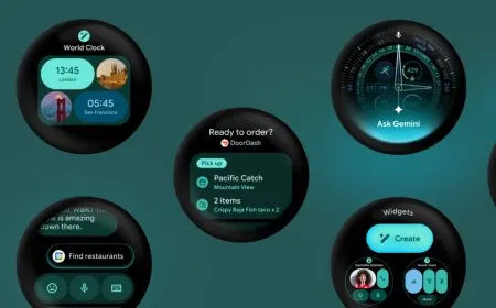 The smartwatch screen displays the Wear OS 7 interface with customizable widgets and battery metrics.