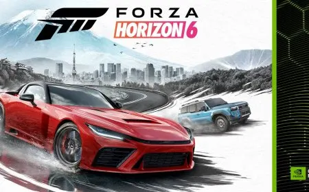 Forza Horizon 6 gameplay appears on a monitor alongside the GeForce Now cloud gaming interface.