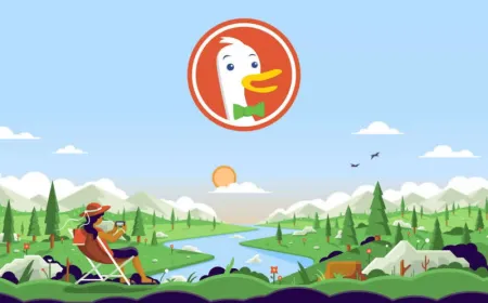 A smartphone displays the DuckDuckGo search application interface.