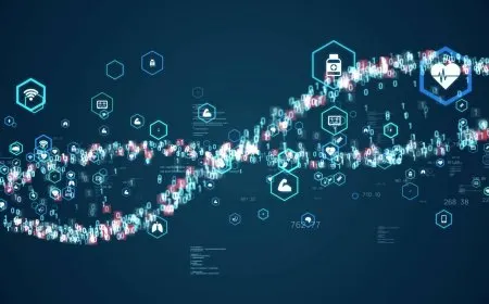 A healthcare professional examines medical technology trends on a digital screen.