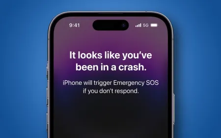 The screen displays an automatic crash detection alert with an emergency countdown and GPS coordinates.