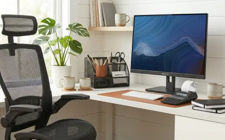 A budget home office desk features storage bins, organizational tools, and ergonomic accessories.