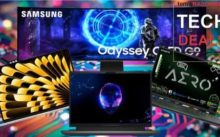 Retail display features RTX 50 series laptops alongside OLED gaming monitors.