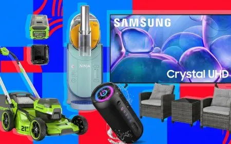 Discounted patio furniture, grills, and lawn mowers are displayed for Walmart Memorial Day seasonal sale.