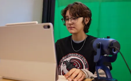 Students and teachers using iPads and Macs to practice Cherokee language at an Oklahoma immersion school.
