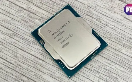 The Intel Core i9-14900K desktop processor is shown from a top angle with its integrated heat spreader clearly visible.