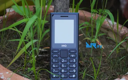 The HMD 105 2024 feature phone is displayed from the front with its physical keypad and compact casing visible.