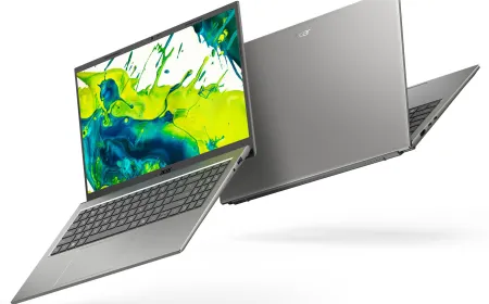 The display features the Acer Swift Spin 14 AI and Aspire Go 15 laptops powered by Qualcomm Snapdragon X2 processors.