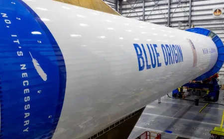 The Blue Origin New Glenn rocket stands ready for Amazon broadband satellite deployment.