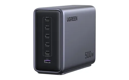 Six-port five-hundred-watt power adapter with multiple charging cables attached