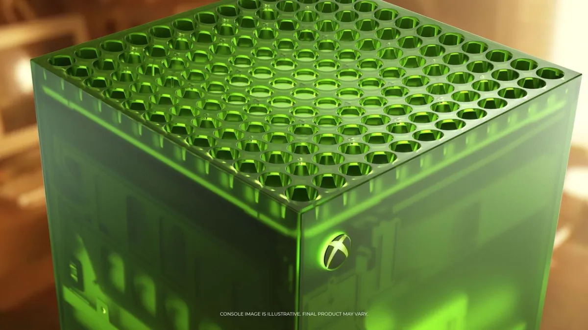 Xbox Series X 25th Anniversary Limited Edition console with a translucent green chassis and illuminated power button.