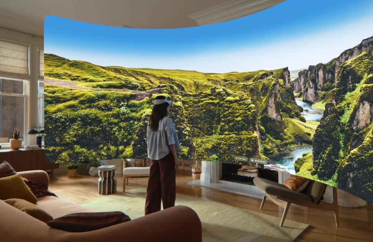 Curved virtual windows appear in a spatial computing layout to illustrate VisionOS 27 interface updates.