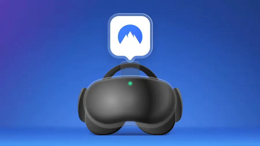 The NordVPN native app interface is displayed on a Meta Horizon VR headset screen.