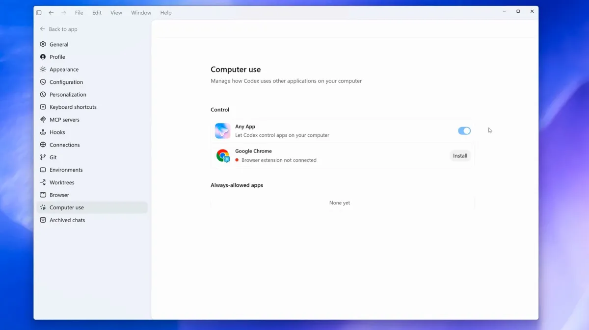 A Windows 11 desktop screen displays OpenAI Codex virtual mouse and keyboard automation controls.