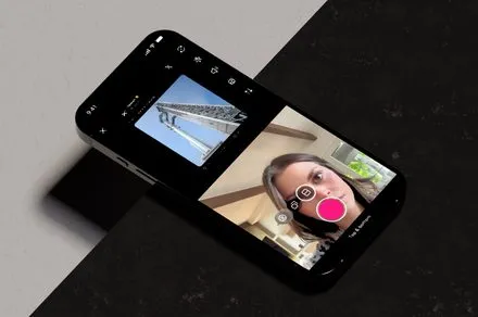 The interface displays X's new video reaction tool with overlay and split-screen layouts for recording commentary.