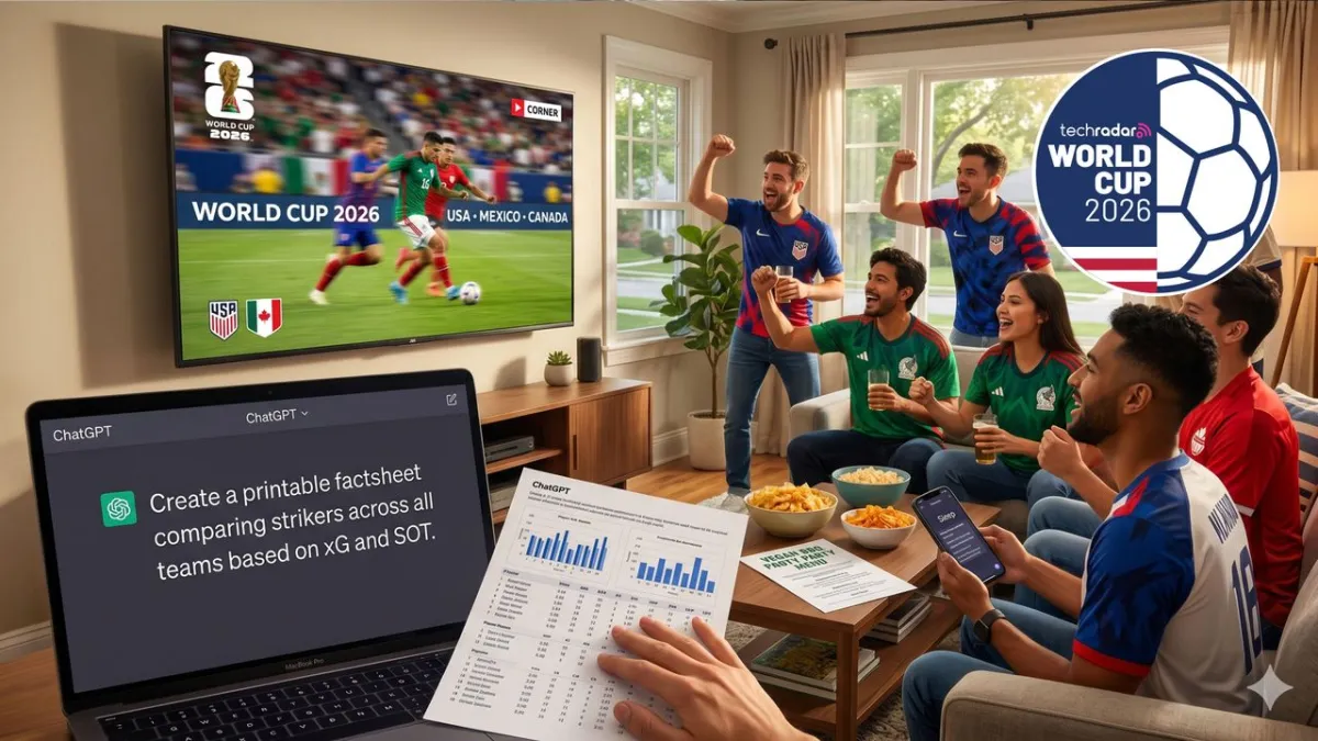 A tablet showing AI-generated tournament statistics and travel plans beside a television broadcasting a live match.