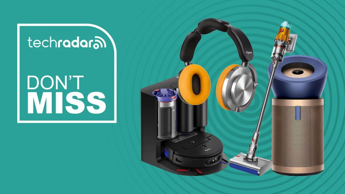 Dyson vacuum, hair styling tool, and air purifier displayed with promotional pricing tags for the EOFY 2026 sale period.