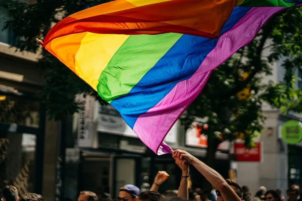Crowd waving rainbow flags and holding signs at a Pride march.