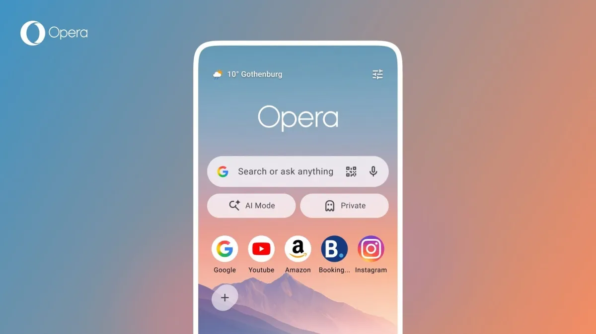 Opera Android browser interface displaying the redesigned start page and new soccer hub for live scores and notifications.
