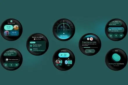 Pixel Watch screen displaying the Wear OS 7 update interface with live notifications and media controls