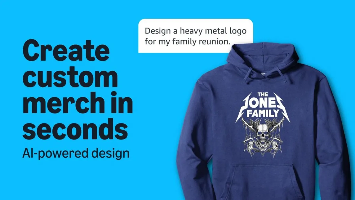 A person creates custom AI artwork for clothing and drinkware using Amazon design tools.