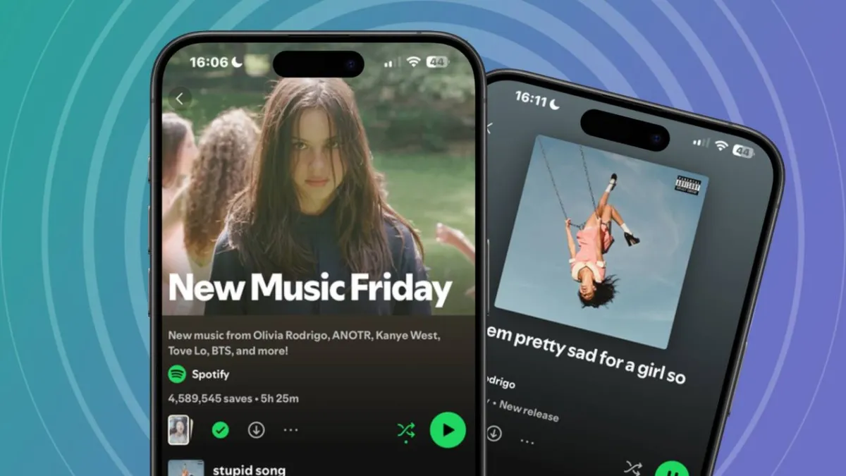 The Spotify New Music Friday playlist interface displays the new video feature for editor recommendations.
