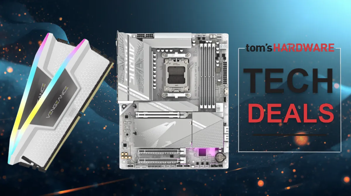 Corsair Vengeance RGB DDR5 memory sits beside a Gigabyte X870 Aorus Elite motherboard.