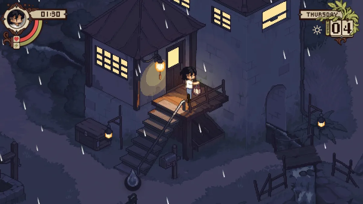 Cozy farming landscape with crops and characters investigating a mystery in the upcoming game Grave Seasons.
