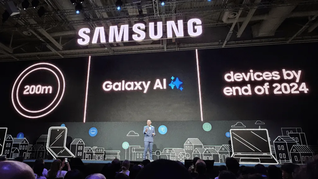 Samsung logo with artificial intelligence graphics illustrating operational restructuring.