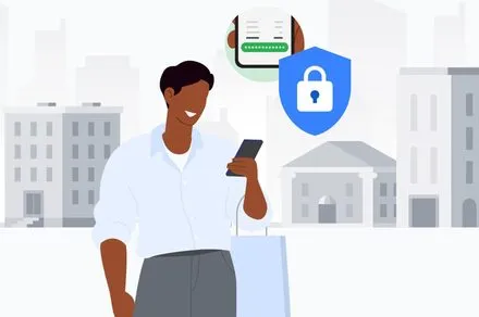 A smartphone screen shows biometric verification for Google Wallet online checkout.