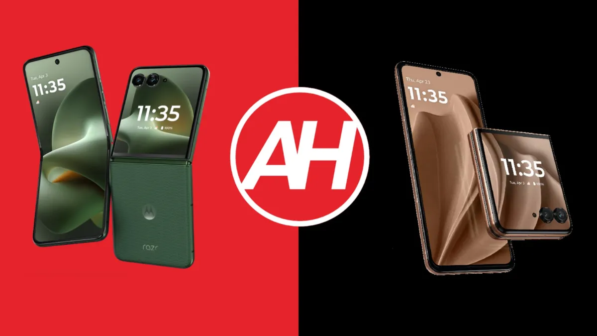 The Motorola Razr+ 2026 and 2025 smartphones are shown side by side to highlight their design differences.