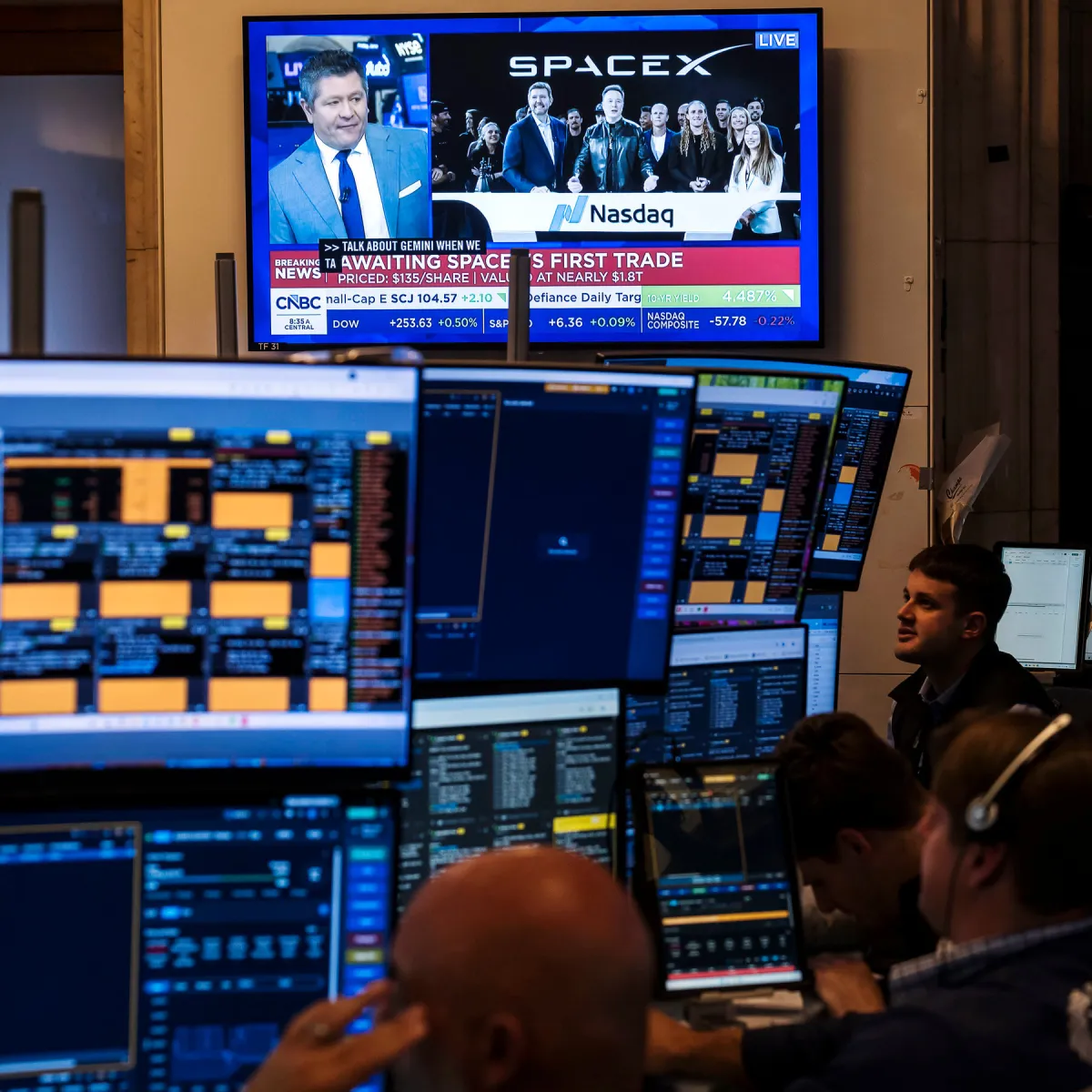 A SpaceX rocket launches during the company historic stock market debut that triggered an eleven percent price increase.