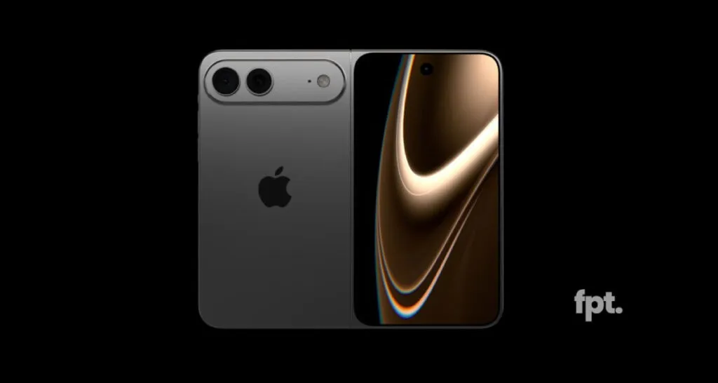 A technical diagram illustrates the liquid metal hinge mechanism inside an Apple foldable iPhone prototype.