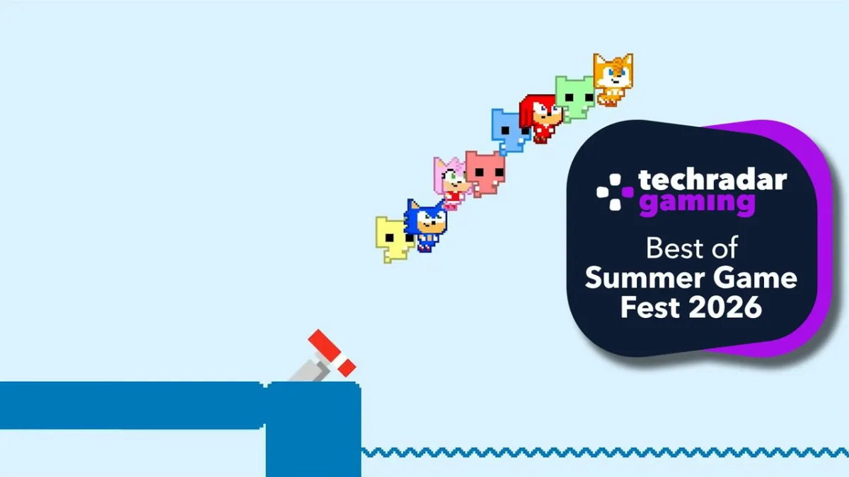 Sonic and teammates navigate a minimalist cooperative puzzle stage using spin dashes and flight mechanics.
