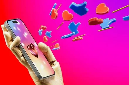 A smartphone screen shows an AI-generated dating message next to a shadowed figure waiting for a real conversation.